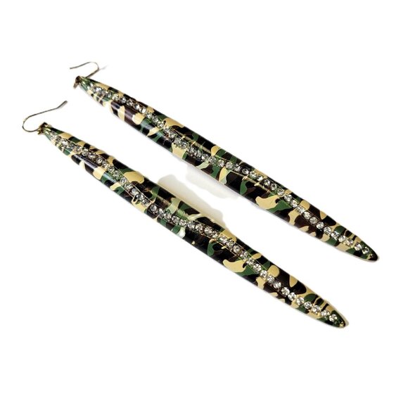 Camo Print Long Earrings With Crystals - Picture 1 of 9